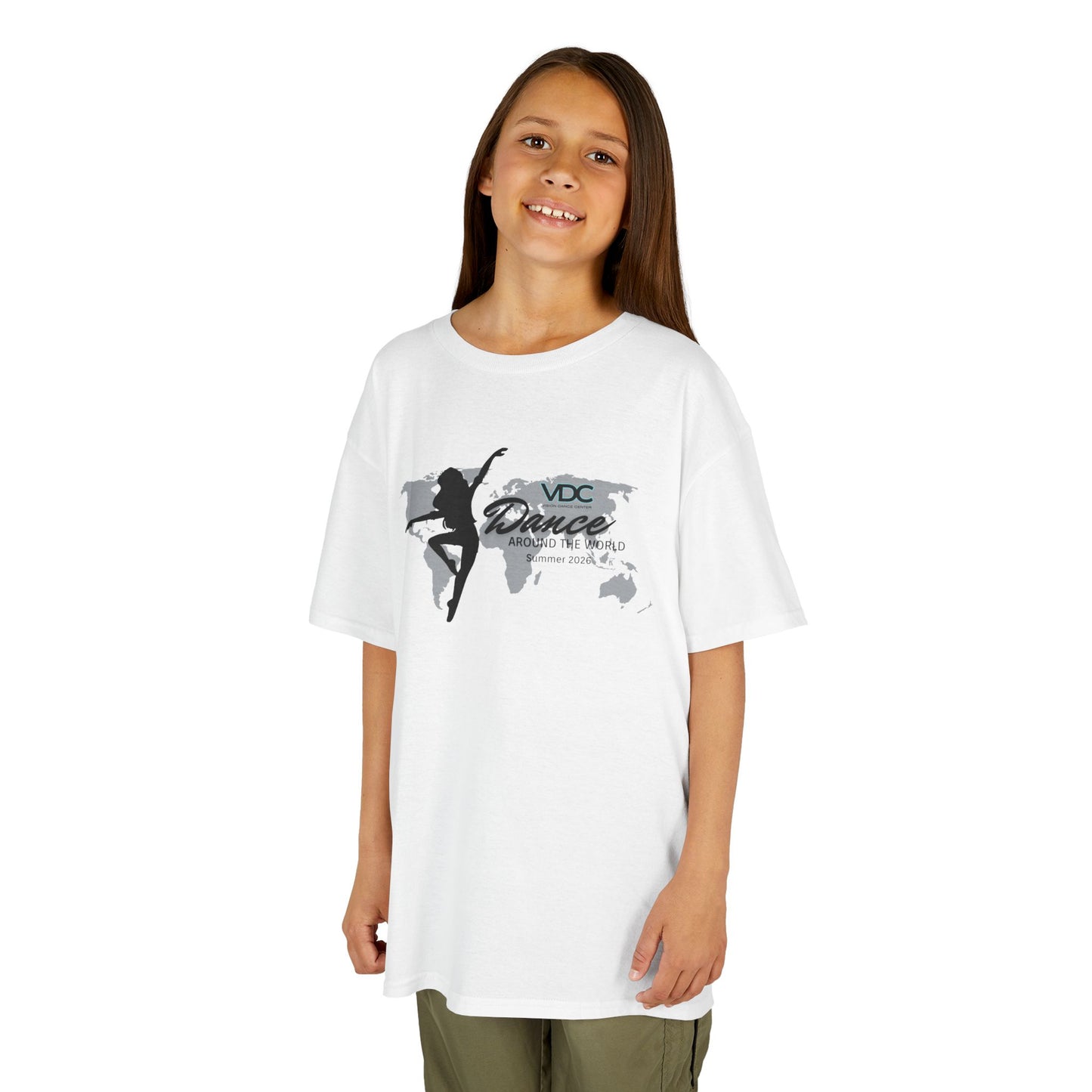 Kids Summer Camp T‑Shirt — 'Dance' Silhouette with World Map Graphic
