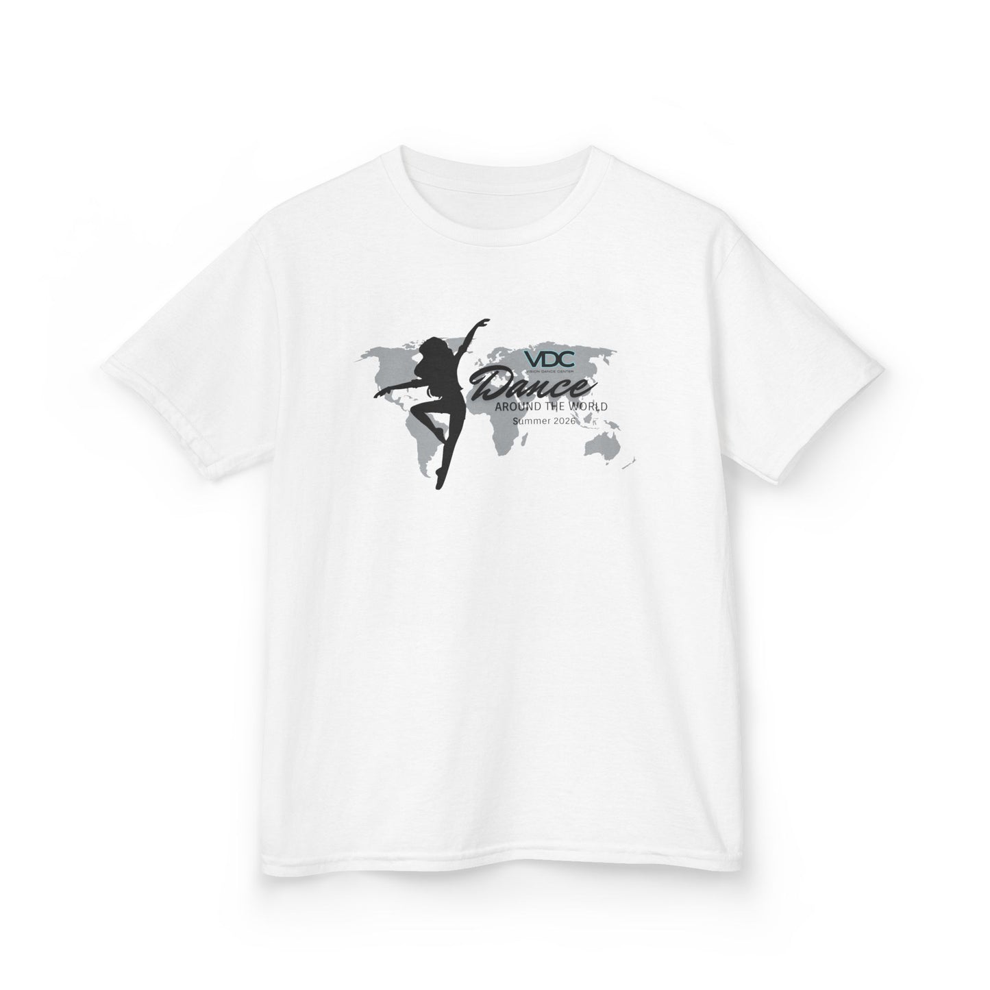 Kids Summer Camp T‑Shirt — 'Dance' Silhouette with World Map Graphic