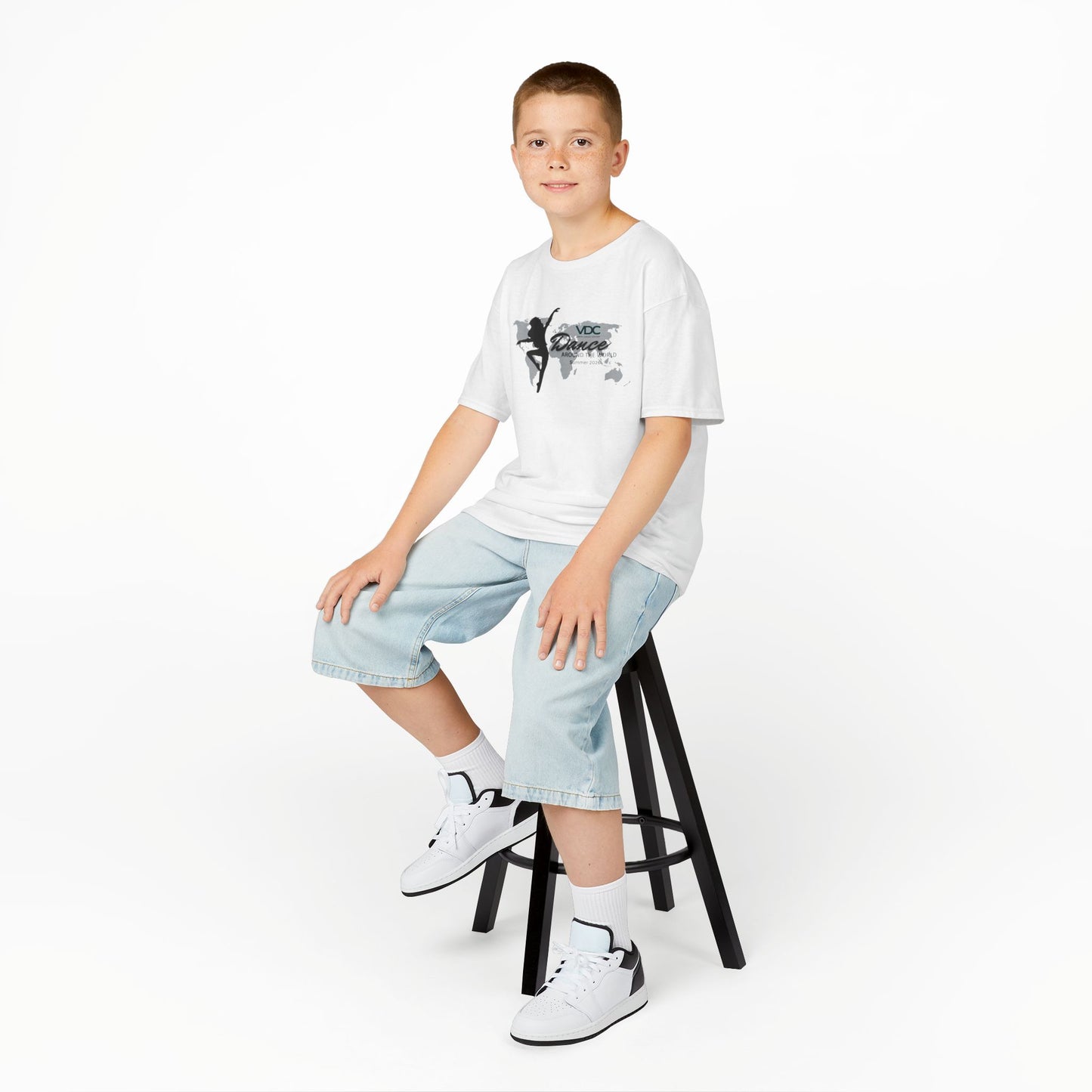 Kids Summer Camp T‑Shirt — 'Dance' Silhouette with World Map Graphic