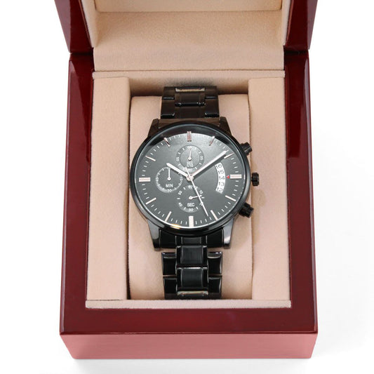 Engraved Black Chronograph Watch, Two Lines for Name or Message, and Choose Your Style of Box